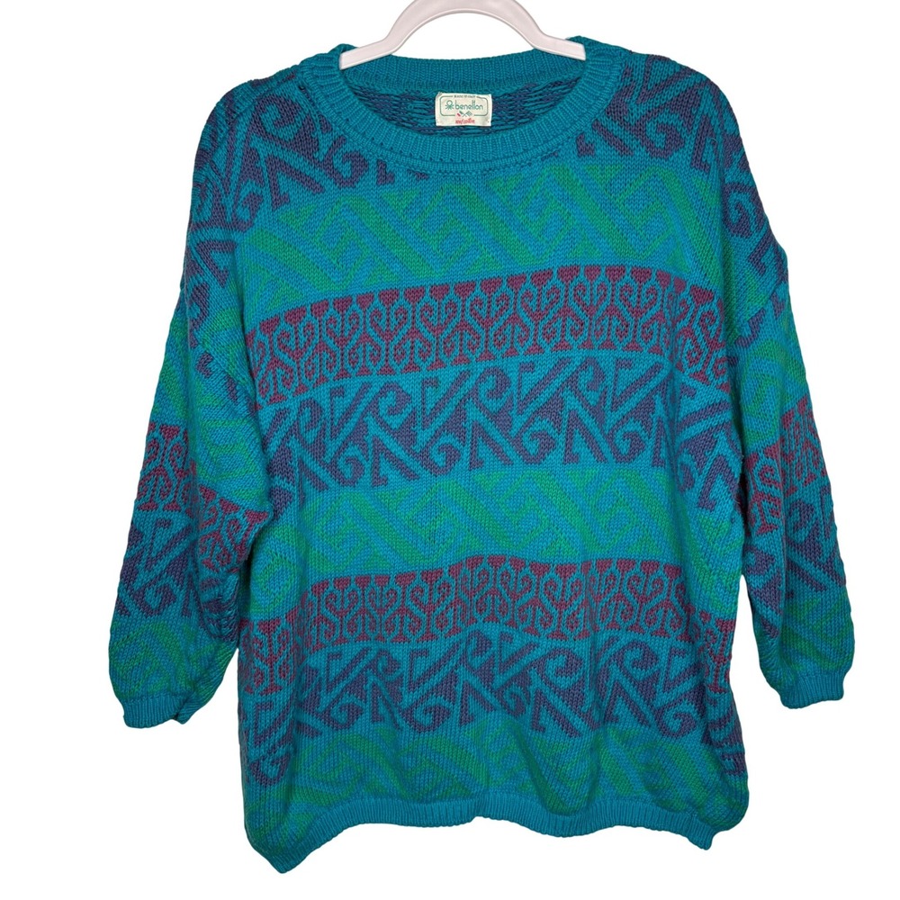 Vtg 80s 90s United Colors of Benetton Made in Italy Geometric Aztec Teal Purple
